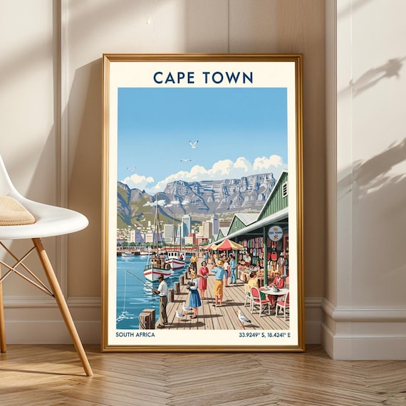 Cape Town Harbor Table Mountain South Africa Vintage Travel Poster