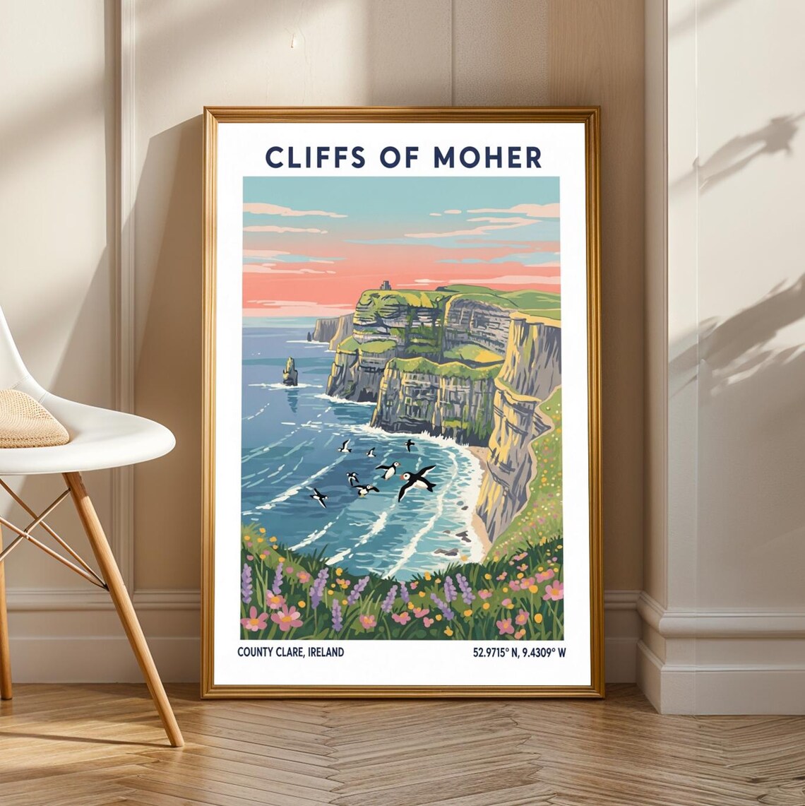 Cliffs Of Moher Ireland Puffins Sunset Vintage Travel Poster