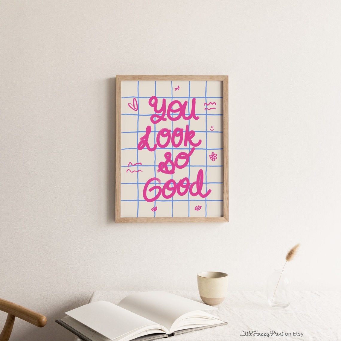 You Look So Good Preppy Pink Doodle Grid Mirror Affirmation Wall Art