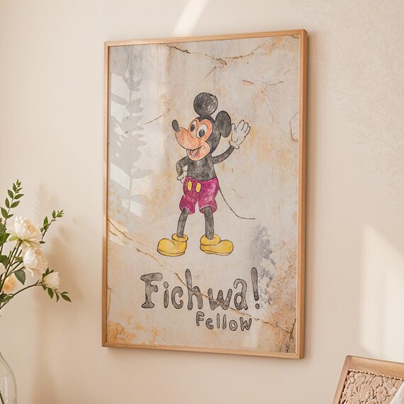 Vintage Mickey Mouse Fichwa Fellow Retro Cartoon Style Poster