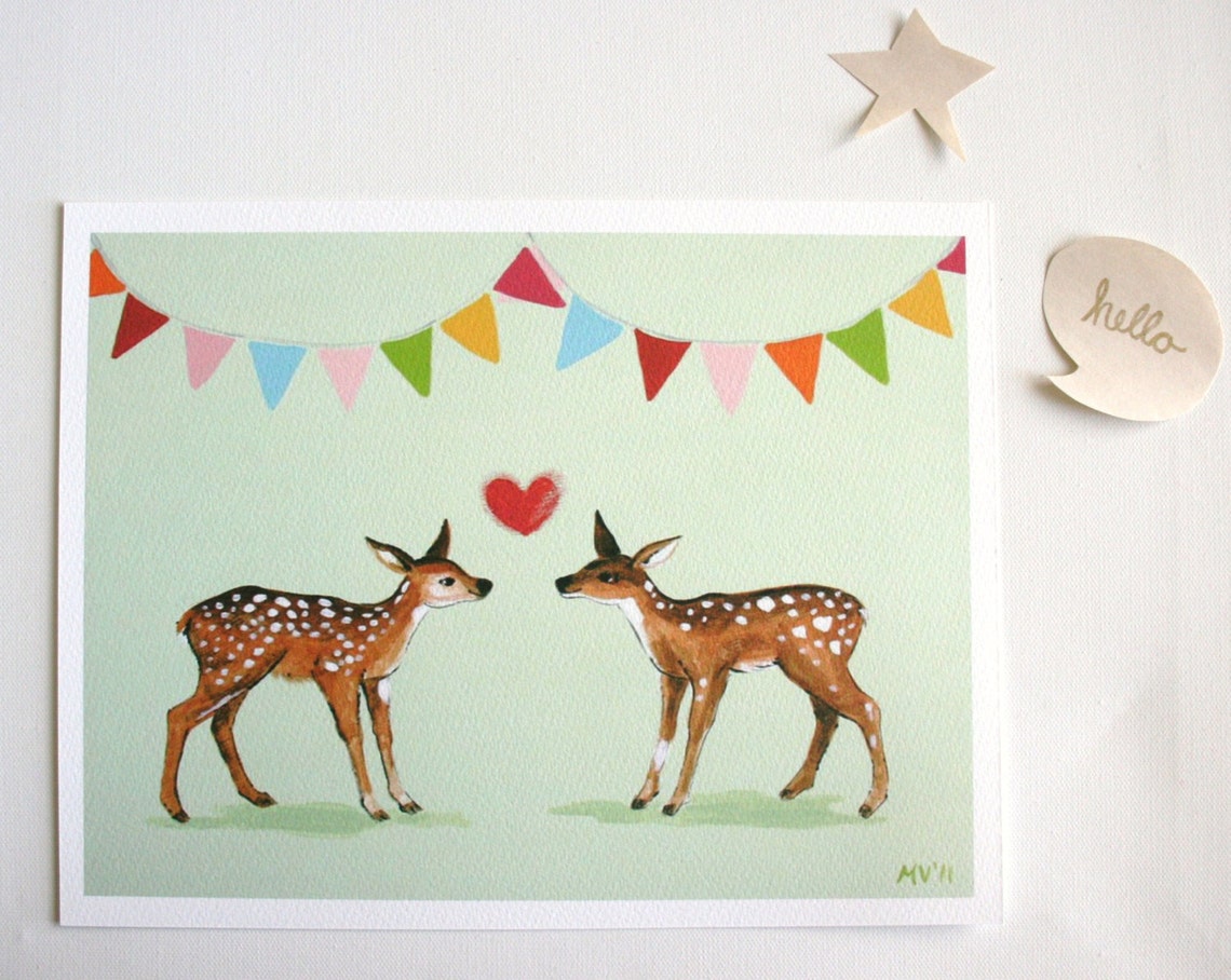 Two Baby Fawns With Heart Colorful Pennant Flags Nursery Art Poster