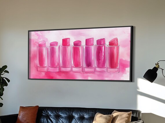 Pink Lipstick Row Watercolor Painting Feminine Glam Makeup Vanity Art Poster
