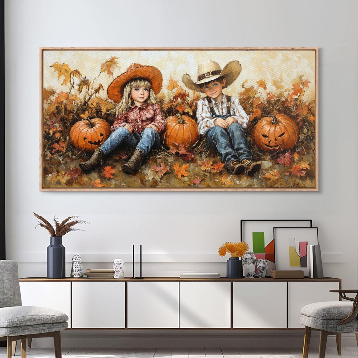 Two Cowboy Kids Sitting Among Pumpkins With Jack O Lantern Retro Fall Poster - Image 6