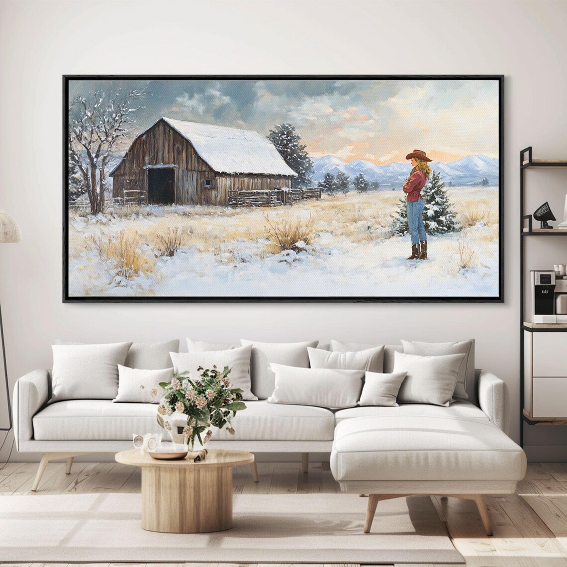 Cowgirl By Snowy Barn In Winter Pasture Mountain Sunrise Art Poster - Image 2