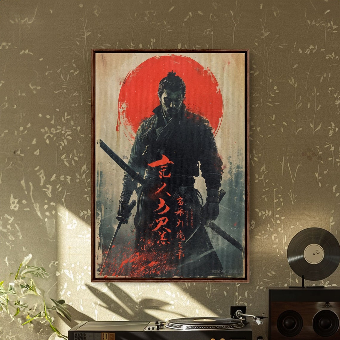 Dark Samurai Blood Red Moon Katana Warrior Japanese Ink Wall Art