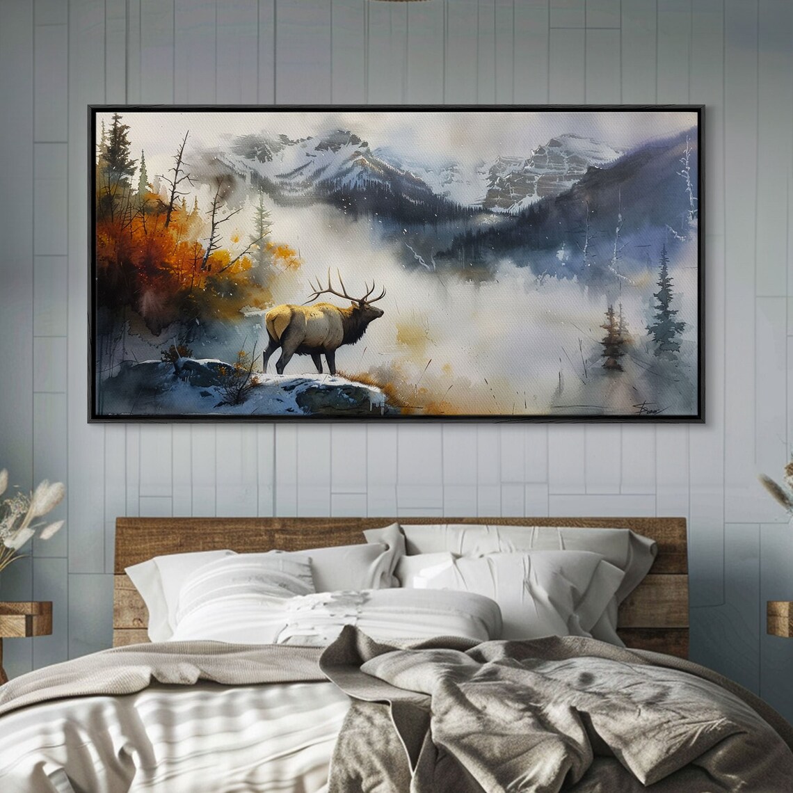 Majestic Elk in Misty Mountains, Rustic Nature Art Print - Image 3