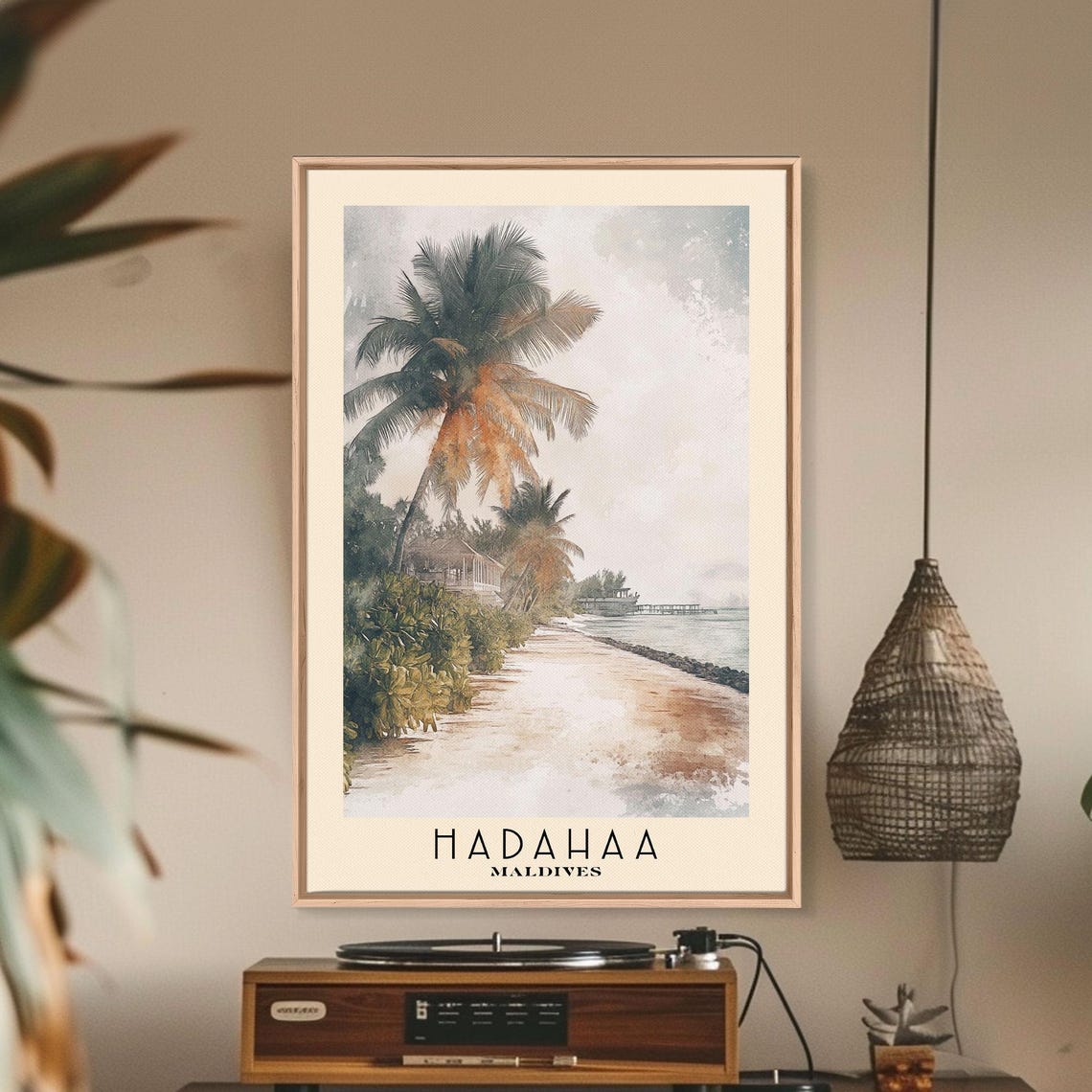 Hadahaa Maldives Palm Beach Path Island Watercolor Tropical Poster