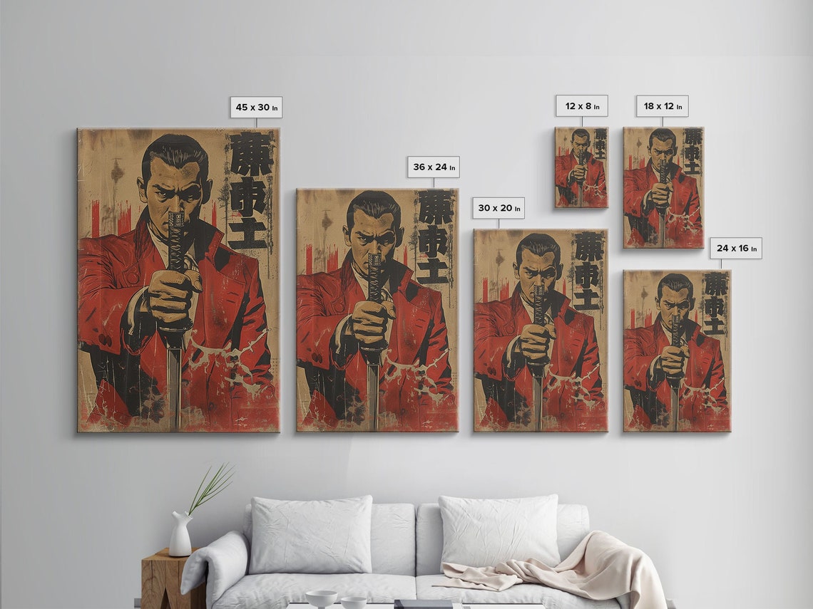 Japanese Manga Samurai Poster Man in Red Jacket Holding Katana Art - Image 2