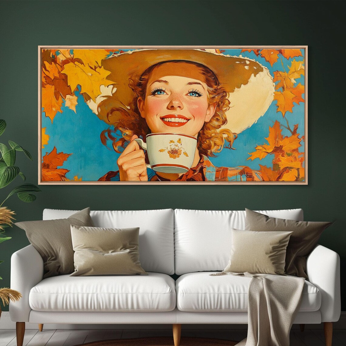Retro Pinup Cowgirl Smiling With Teacup Autumn Leaves Blue Sky Poster - Image 2