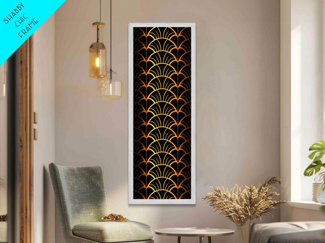 Gold Art Deco Fan Scallop Pattern Black Background Wall Print - Image 4