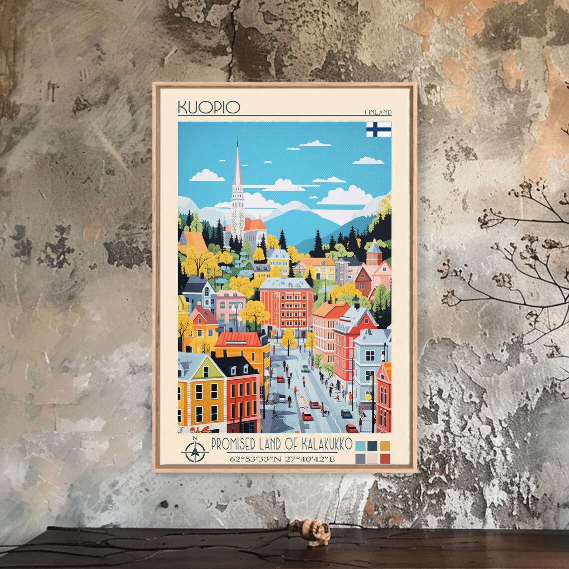 Kuopio Finland Colorful Street Church Spire Autumn Trees Travel Poster - Image 2