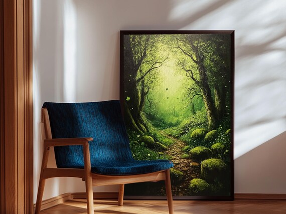 Enchanted Green Forest Path Magical Woodland Light Fantasy Nature Art Poster