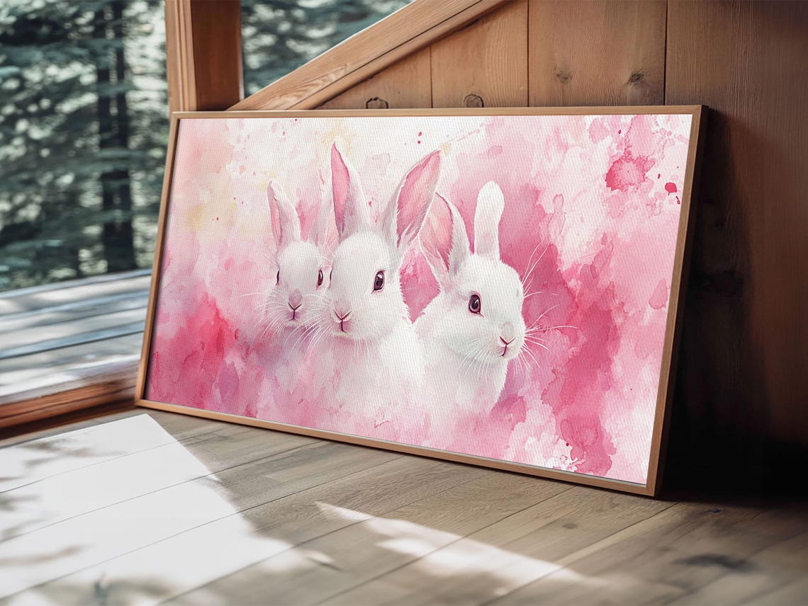 Three White Bunnies On Pink Watercolor Cute Rabbit Nursery Poster - Image 6