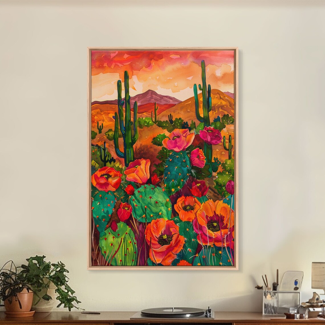 Southwest Desert Landscape With Cacti And Flowers Art Print