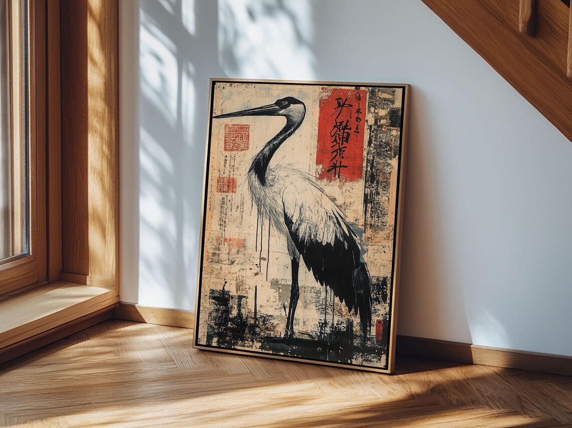 Japanese Red Crowned Crane Ink Painting Vintage Asian Bird Poster - Image 3