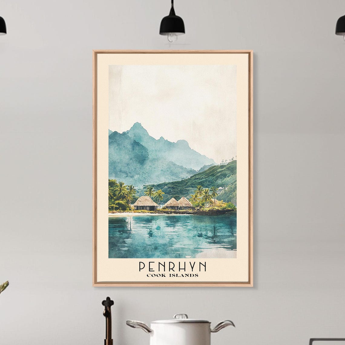 Penrhyn Cook Islands Lagoon Thatched Huts Misty Mountain Travel Poster - Image 6