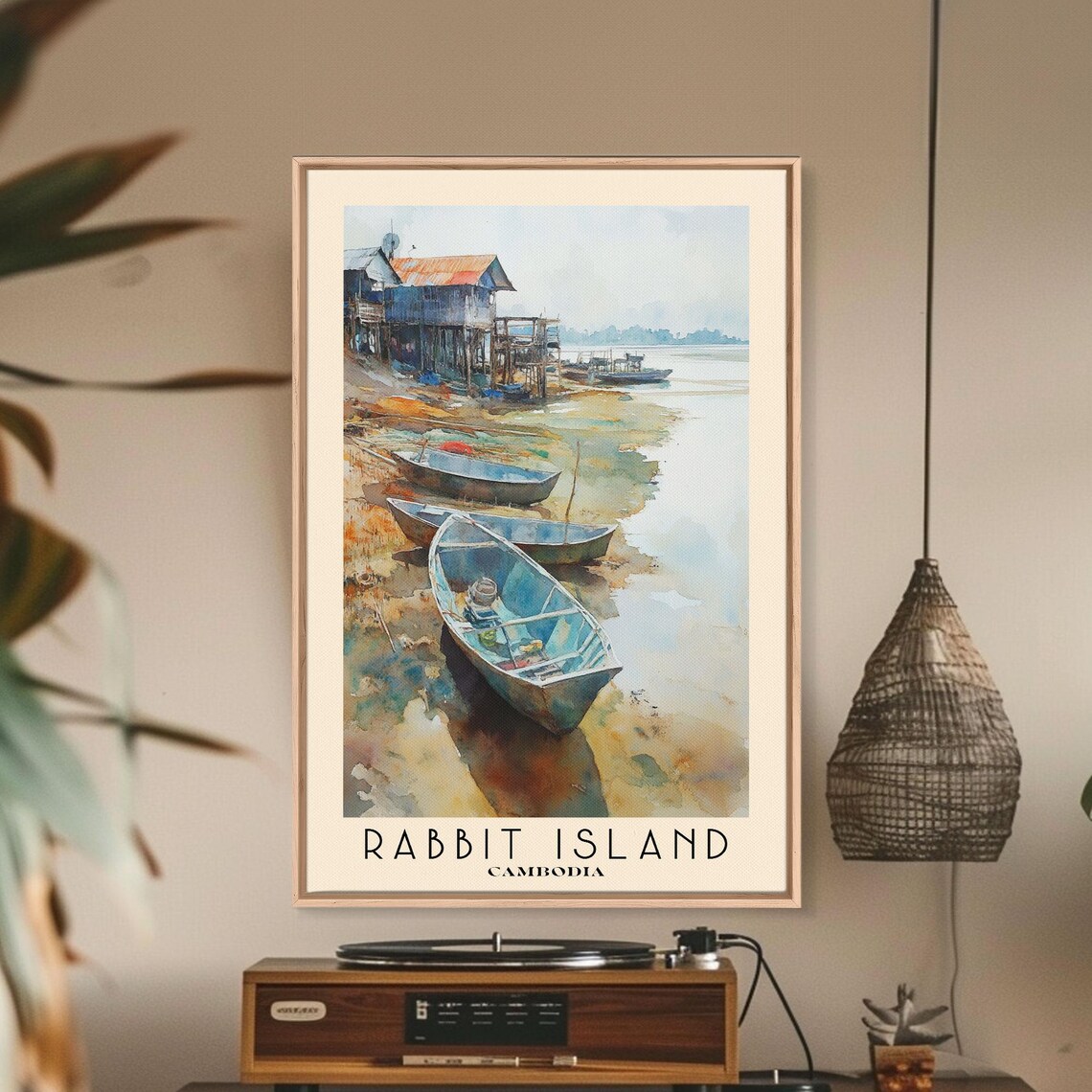 Rabbit Island Cambodia Beached Fishing Boats Stilt Houses Village Watercolor Poster - Image 2