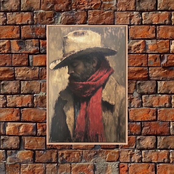 Moody Cowboy With Red Scarf Framed Print Rustic Winter Landscape Art Best Gift Idea 2024 Christmas Wall Art
