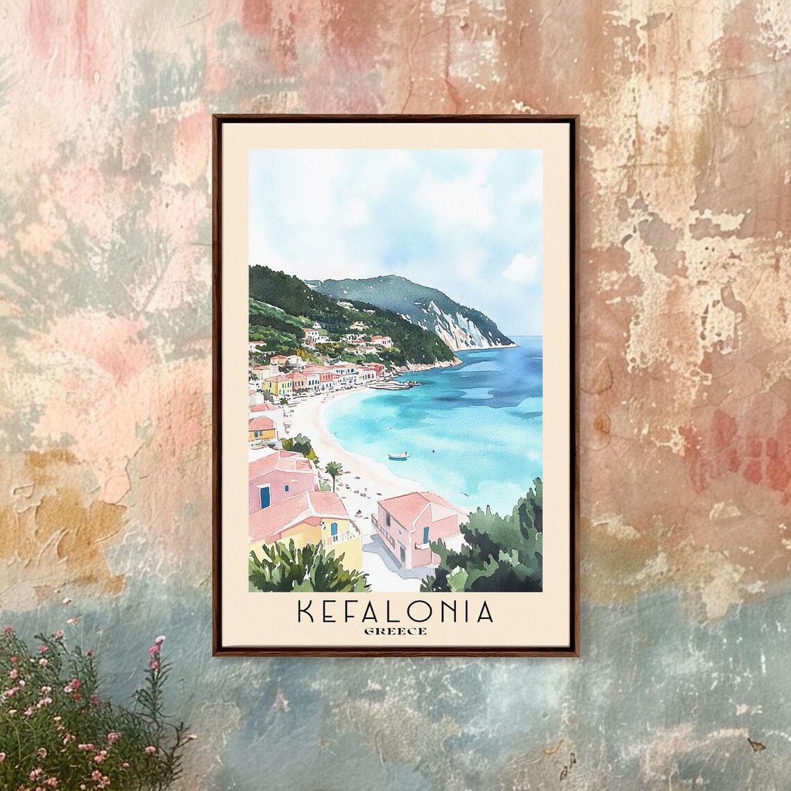 Kefalonia Greece Pastel Village Harbor Turquoise Bay Watercolor Art Poster - Image 4