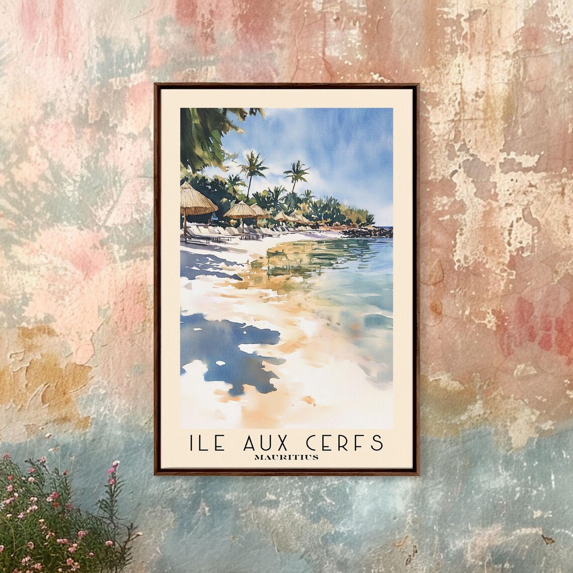 Ile aux Cerfs Mauritius Palm Beach Umbrellas Watercolor Island Poster - Image 4