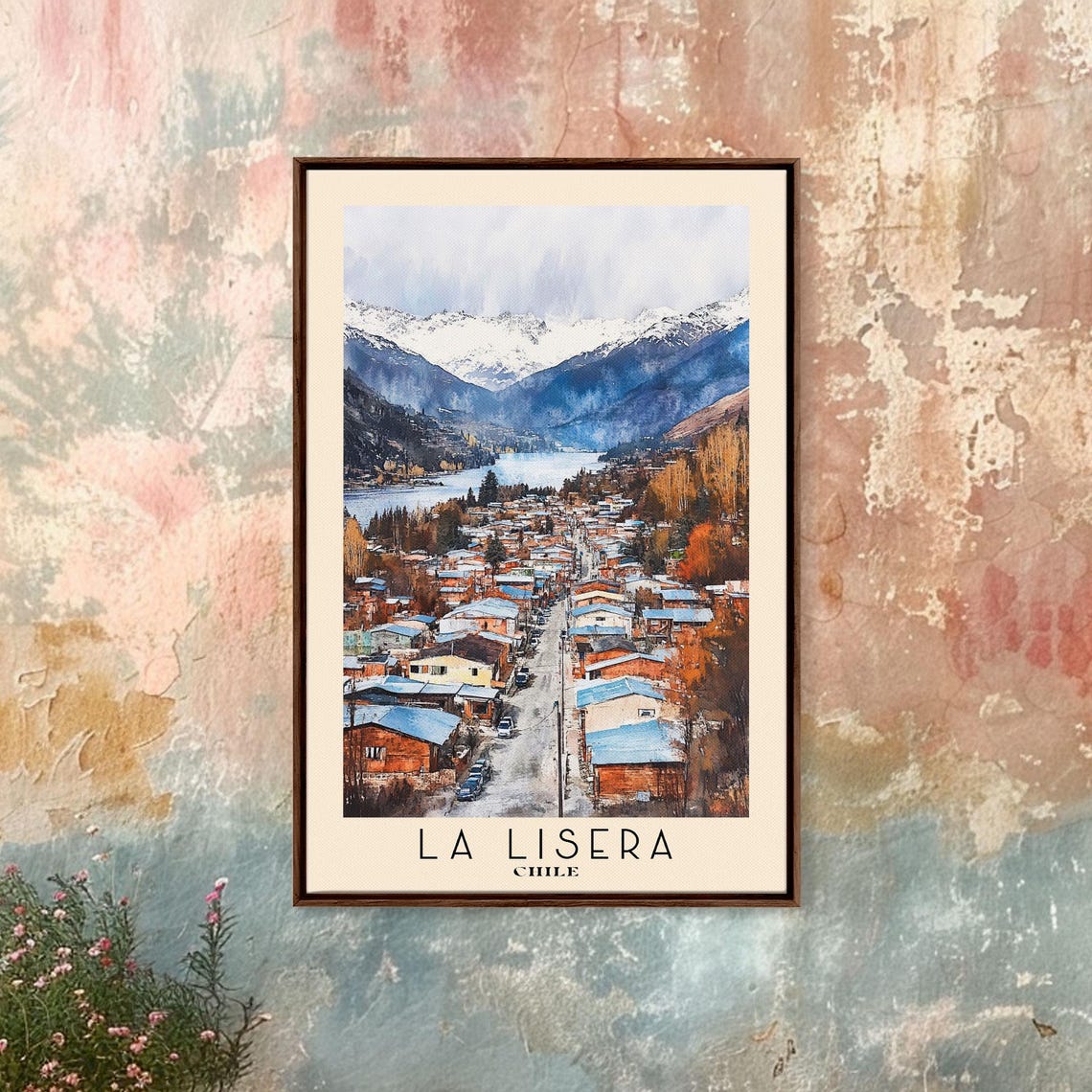 La Lisera Chile Snowy Andes Mountain Town Street Watercolor Poster - Image 3