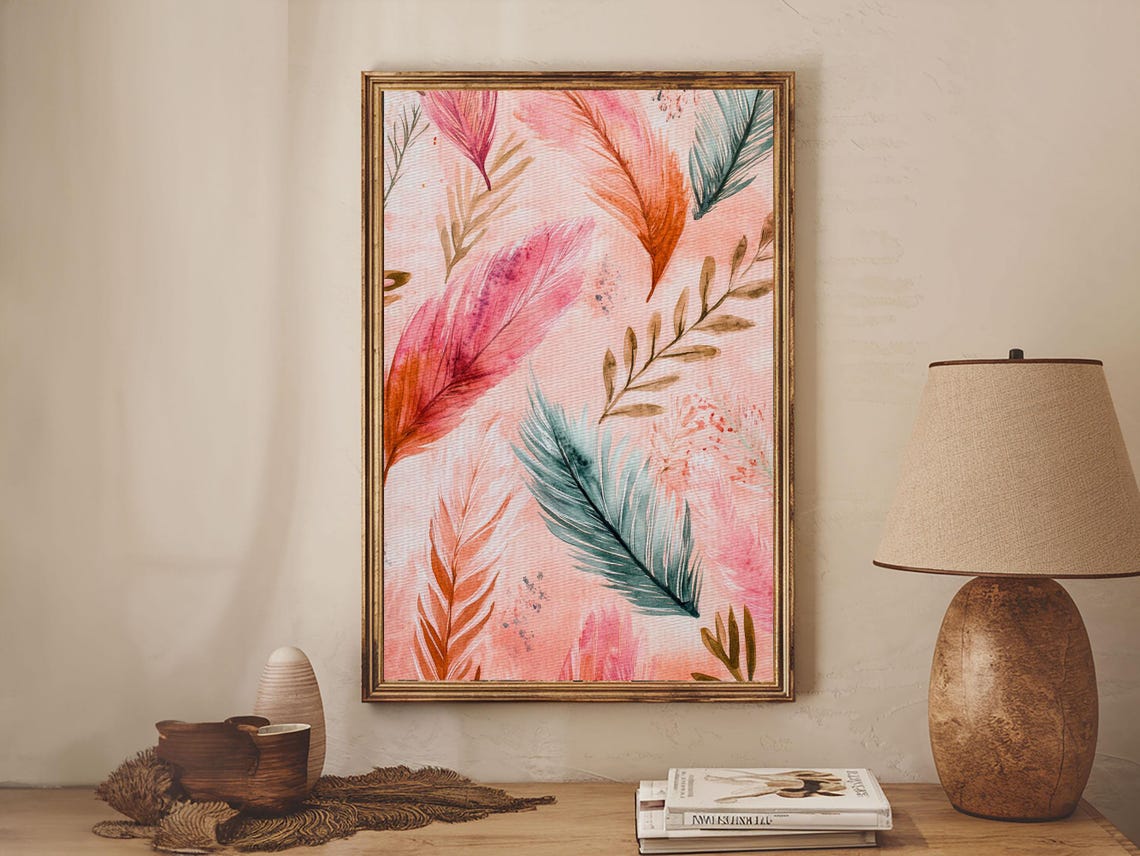 Colorful Feathers Watercolor Pink Teal Boho Bedroom Wall Art Poster - Image 3