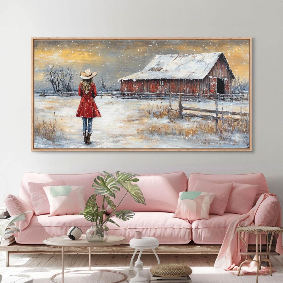 Barn Painting Framed Print Cowgirl And Her Barn Rustic Farmhouse Decor Winter Painting Winter Wonderland Farmhouse Wall Art - Image 2