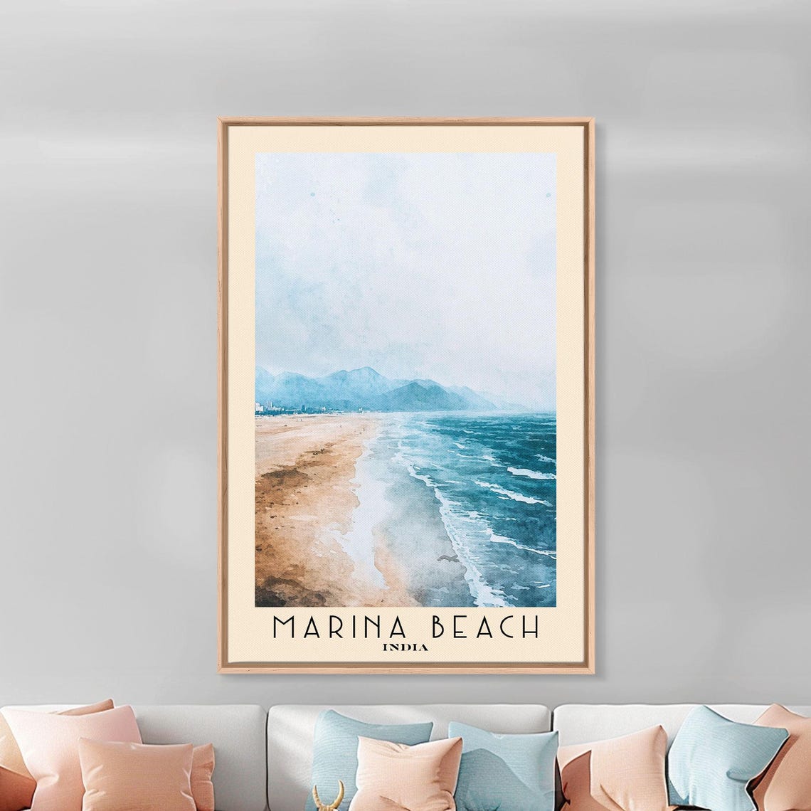 Marina Beach India Long Sandy Shore Rolling Waves Watercolor Poster - Image 3