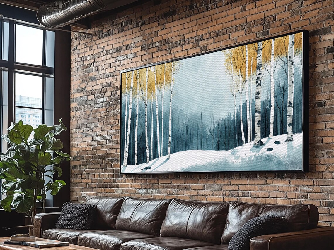 Birch Trees In Snow Winter Forest Blue Gray Watercolor Painting Print - Image 4
