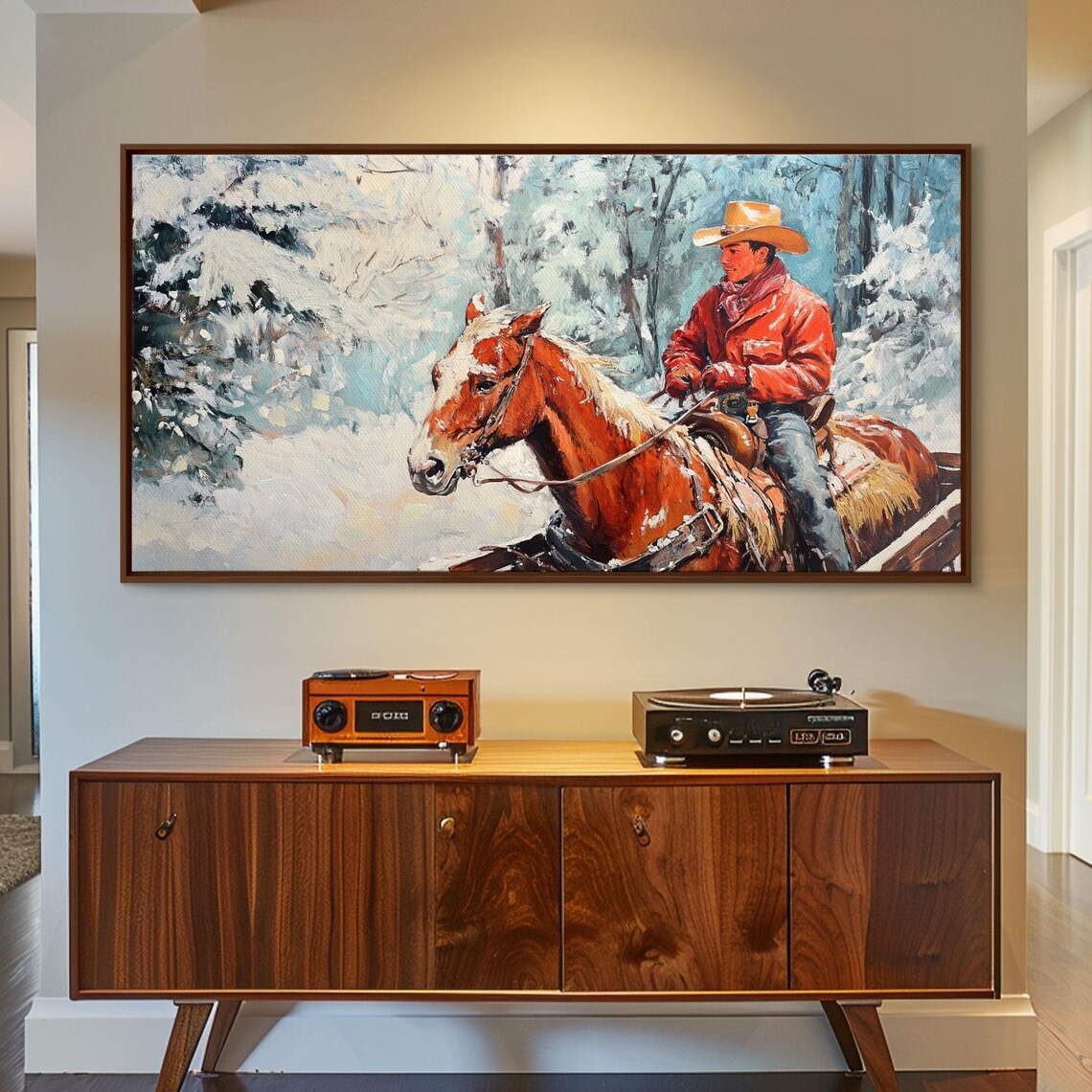 Cowboy In Red Jacket Riding Chestnut Horse Through Snowy Woods Poster - Image 3