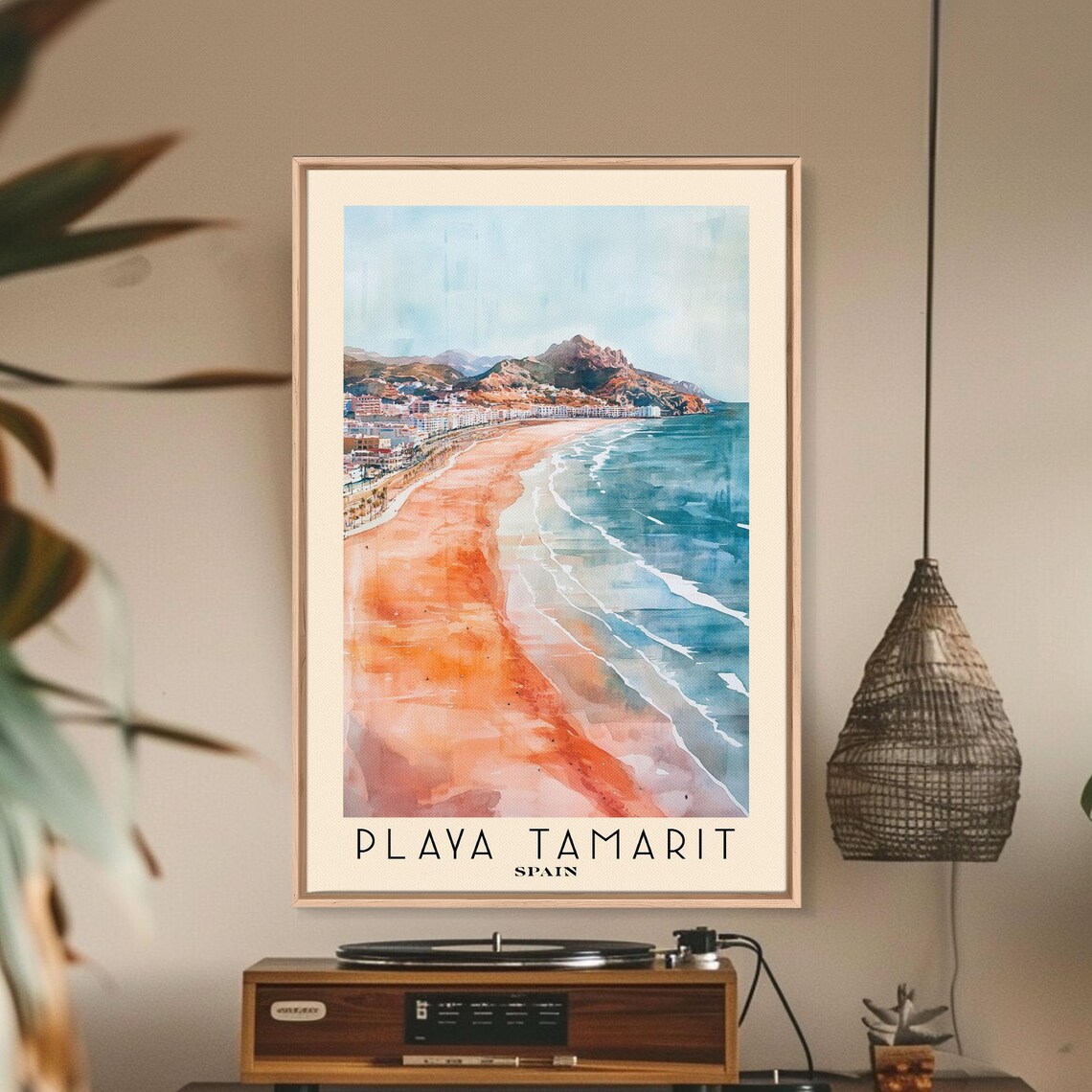 Playa Tamarit Spain Pink Sand Beach Teal Surf Watercolor Travel Poster - Image 2