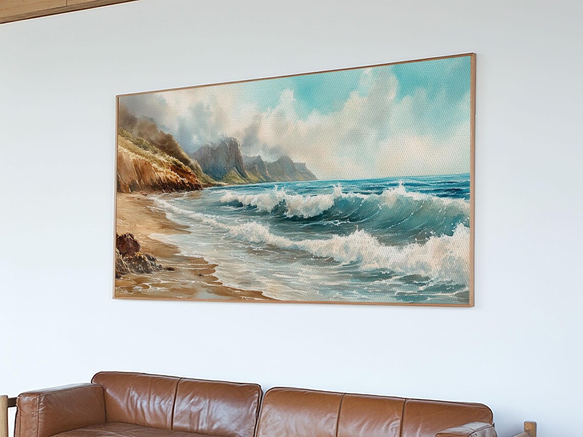 Misty Coastal Cliffs Crashing Ocean Waves Sandy Beach Panoramic Wall Art - Image 5