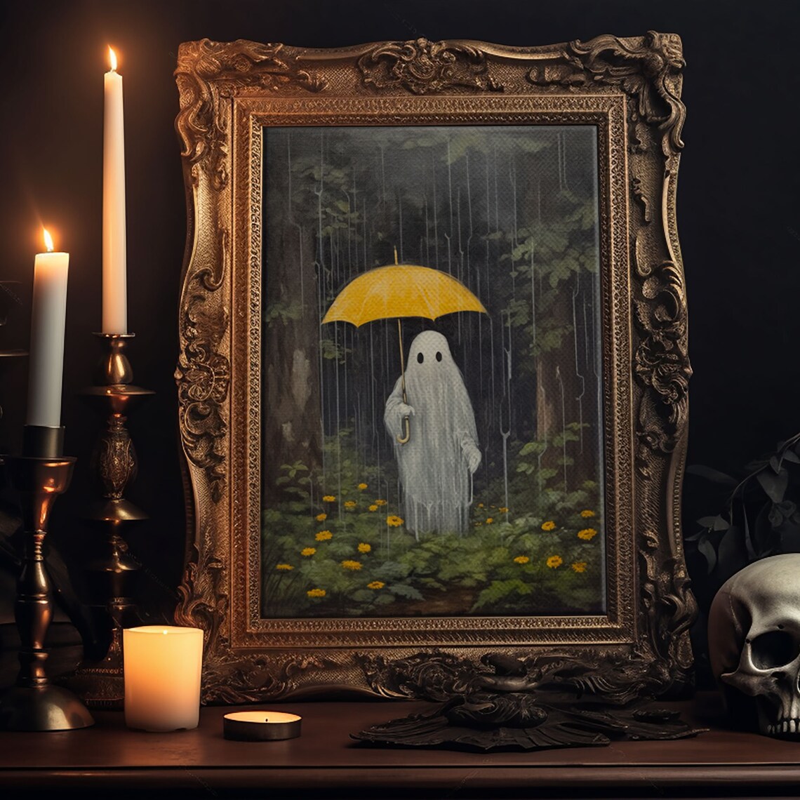 Spooky Ghost in the Rain Vintage Halloween Art Print - Image 5