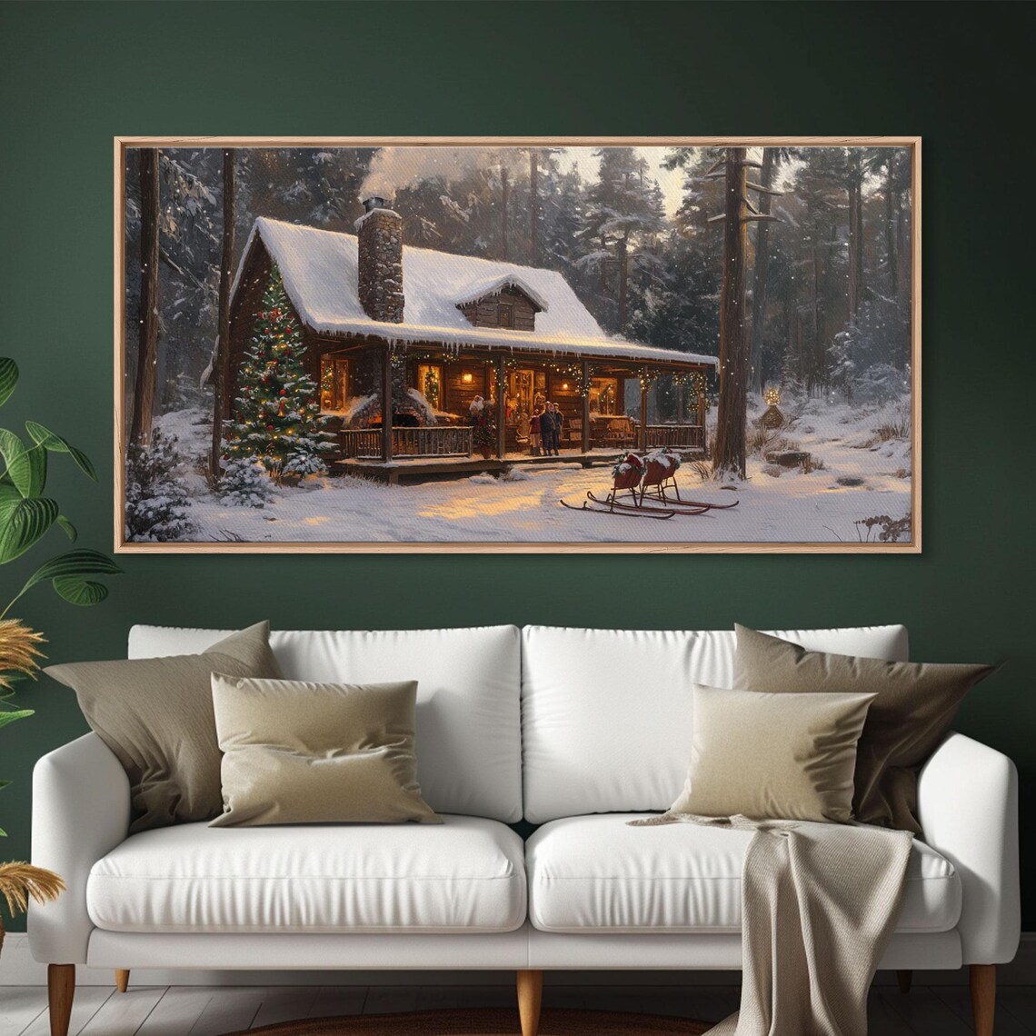 Snowy Log Cabin Porch Christmas Tree Sleds Night Winter Wall Art - Image 2