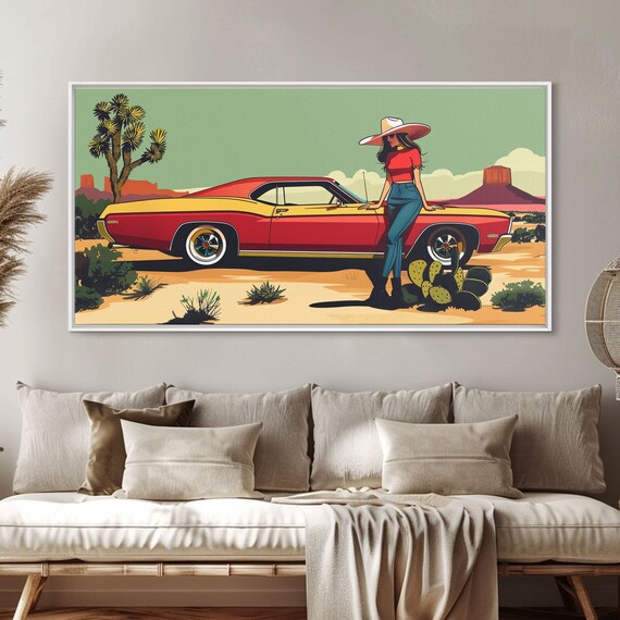 Retro Cowgirl With Red Car In Desert Landscape Framed Print For Stylish Living Room Decor Ideal Bedroom Wall Art