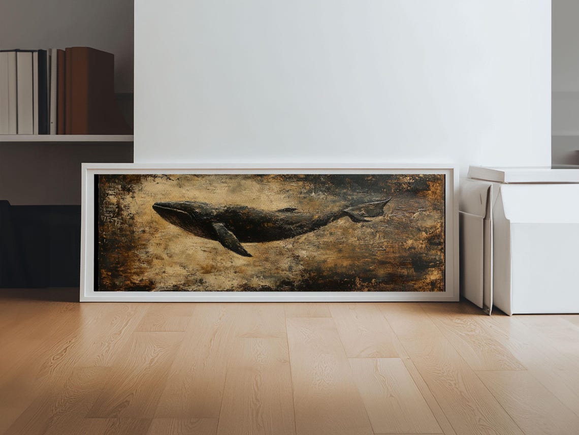Dark Moody Whale Swimming Panoramic Oil Painting Nautical Wall Poster - Image 4