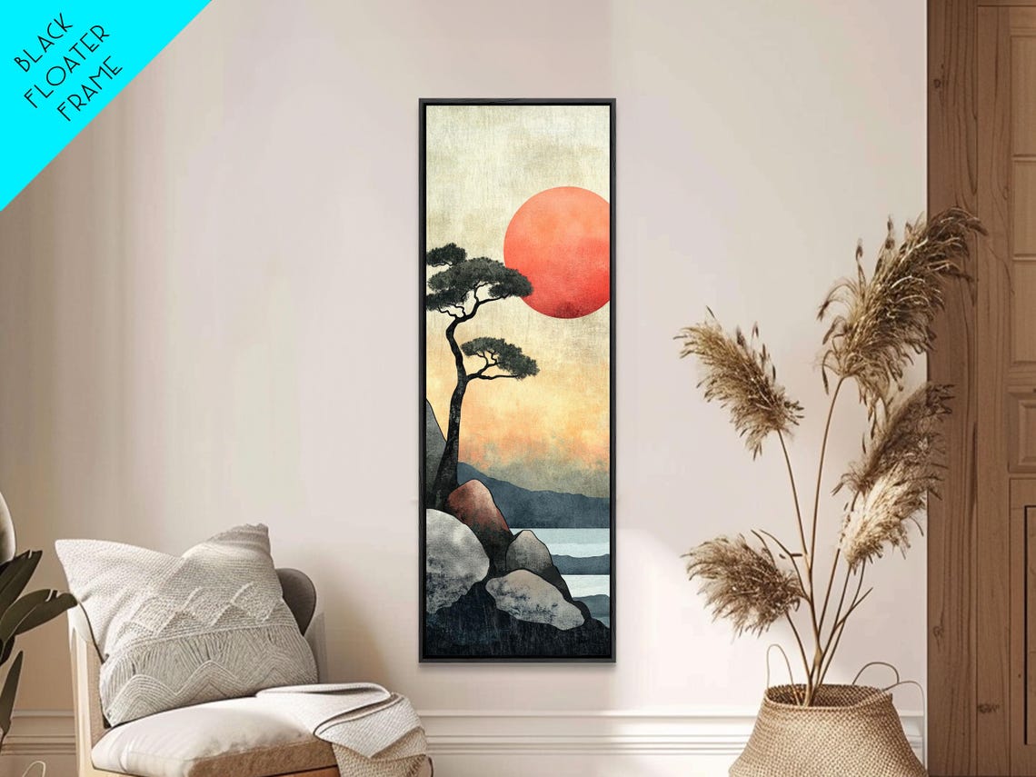 Japanese Red Sun Sunset Pine Tree Rocky Coast Watercolor Poster - Image 4