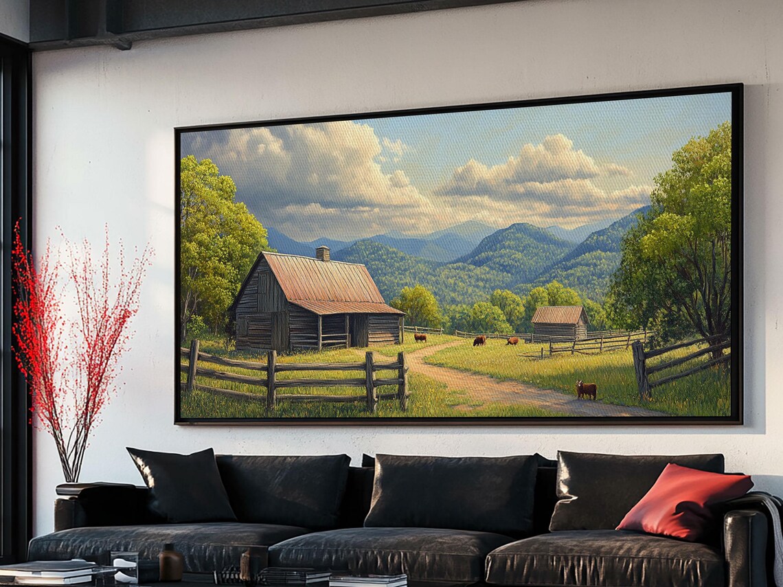 Mountain Farm Homestead Barn Green Valley Cattle Landscape Art Print - Image 3