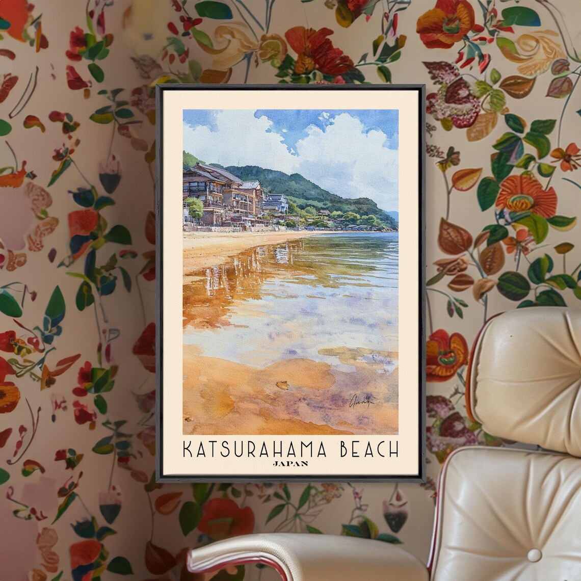 Katsurahama Beach Japan Wet Sand Reflections Seaside Watercolor Poster Art - Image 2