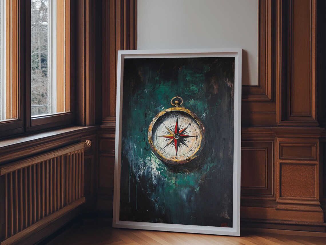 Brass Pocket Compass Oil Painting Dark Teal Nautical Adventure Art Print - Image 6