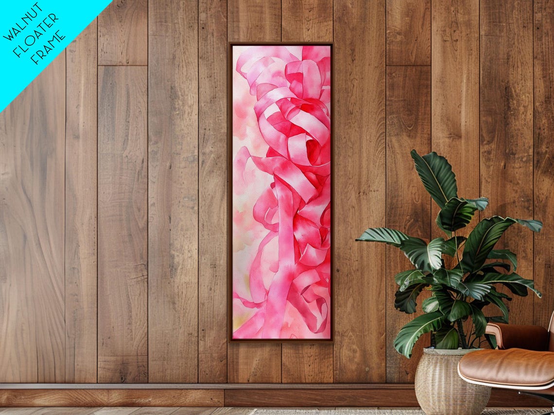 Pink Ribbon Swirls Abstract Watercolor Feminine Vertical Wall Art - Image 4