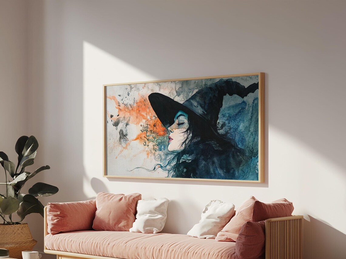 Witch Watercolor Portrait Panoramic Dark Magic Smoke Profile Blue Orange Poster - Image 6