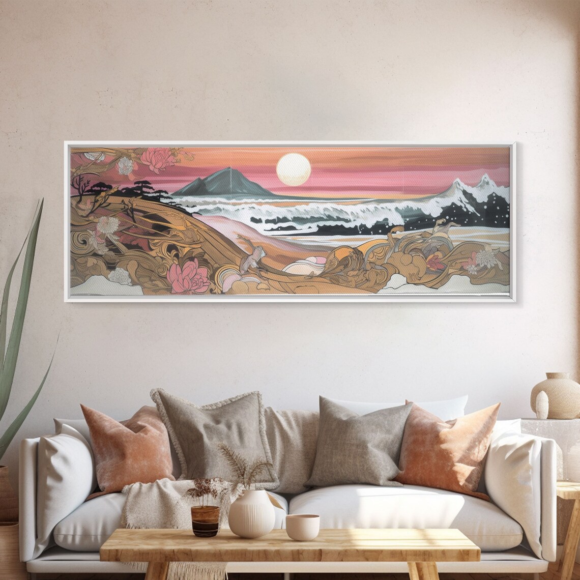 Japanese Seascape Art Print, Full Moon and Big Waves
