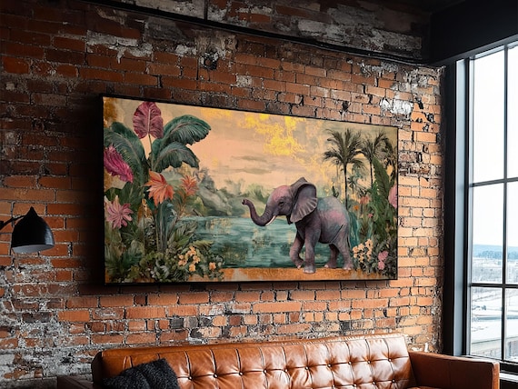 Baby Elephant In Exotic Jungle Lagoon Tropical Leaves Panoramic Wall Art