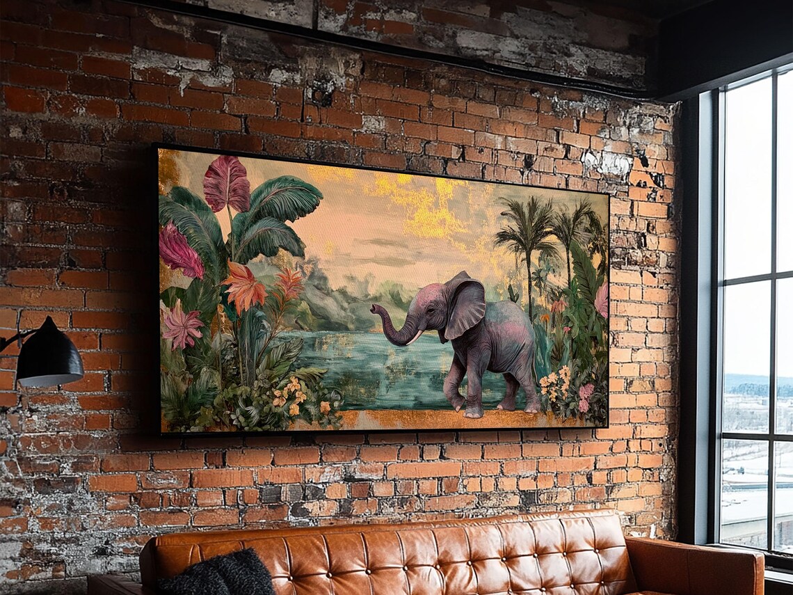 Baby Elephant In Exotic Jungle Lagoon Tropical Leaves Panoramic Wall Art