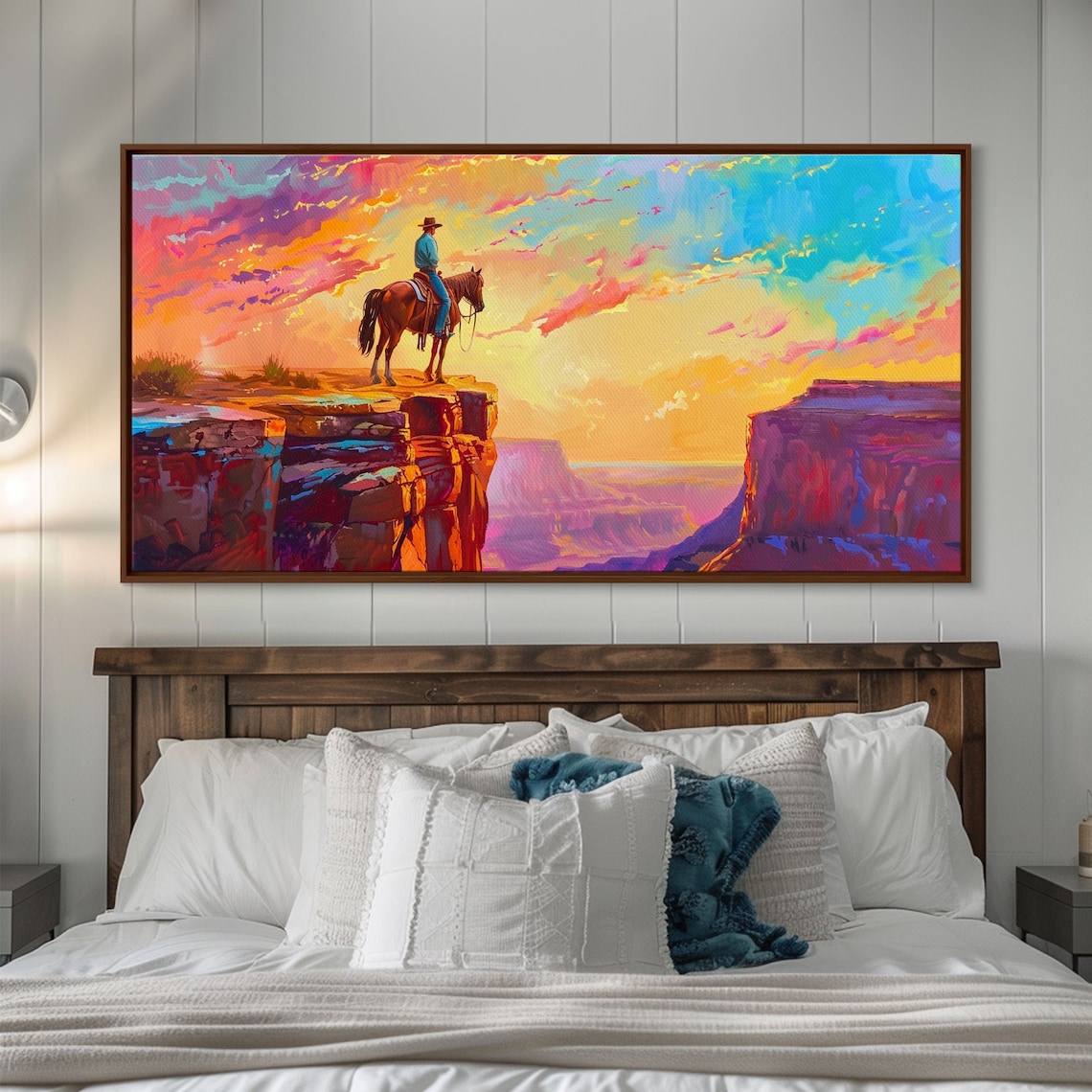 Lone Cowboy On Horse At Canyon Edge Vibrant Sunset Western Print - Image 4