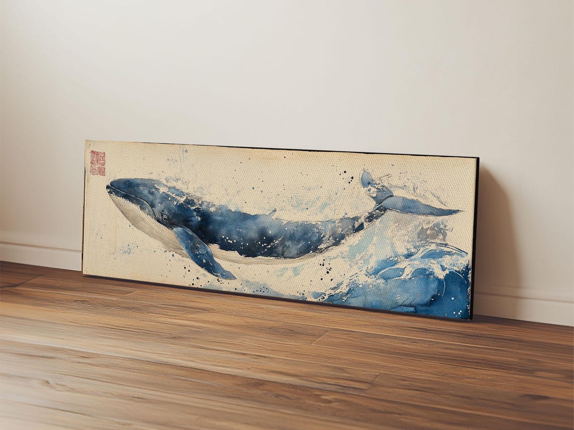 Panoramic Blue Whale Swimming Ocean Wave Watercolor Wall Poster