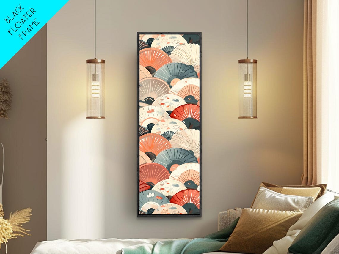 Overlapping Japanese Folding Fans Red Cream Teal Tall Art Poster - Image 5