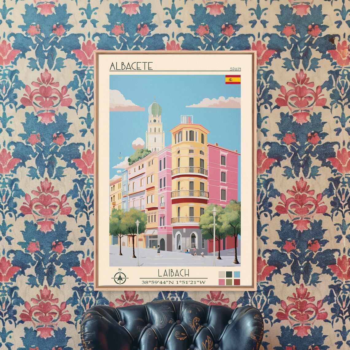 Albacete Spain Pastel Apartment Block Church Tower City View Poster - Image 5
