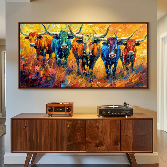 Colorful Herd Of Cattle Ideal For Living Room Art Framed Print Bedroom Decor Home Decoration Rustic Farmhouse Art